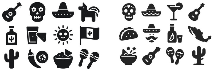 Colorful celebration of Mexican culture with traditional symbols and lively motifs in black silhouette style