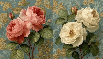 Two bouquets of roses, pink and white, on a teal floral backdrop