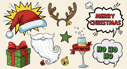 Pop art Christmas and New Year elements: Santa hat, reindeer antlers, gift, champagne.