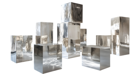 Shiny metallic cubes in various sizes and orientations creating a modern and minimalist isolated on a transparent background