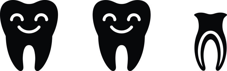 Smiling tooth icons, happy teeth illustrations, dental health symbols, tooth anatomy vector, oral care icons, dental hygiene design, healthy teeth signs
