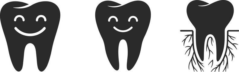 Smiling tooth icons, healthy teeth illustration, dental care, happy tooth symbol, dental roots anatomy, dental health vector set, oral hygiene design