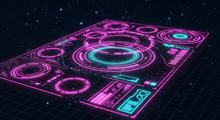 Futuristic holographic display panel with glowing neon rings and circles.