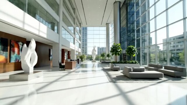 Luxurious and sunlit corporate lobby of a modern office building, featuring expansive glass walls, sleek furniture, and contemporary art