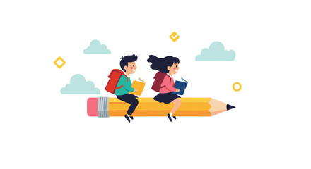 Children flying on a giant pencil reading books with clouds in the sky