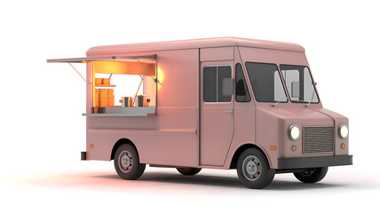 Pink 3d rendered food truck with open serving window
