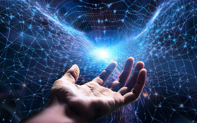 Tecnolog&iacute;a virtual en a nube, ciberseguridad al alcance de la mano, programaci&oacute;n, escaneado de retina, mano tocando universo virtual