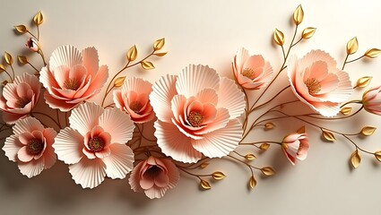 Intricate 3D Floral Sculpture with Pink, Beige, and Gold Textures – Elegant Decorative Artwork, Luxury Flower Design, and Detailed Modern Art Pattern