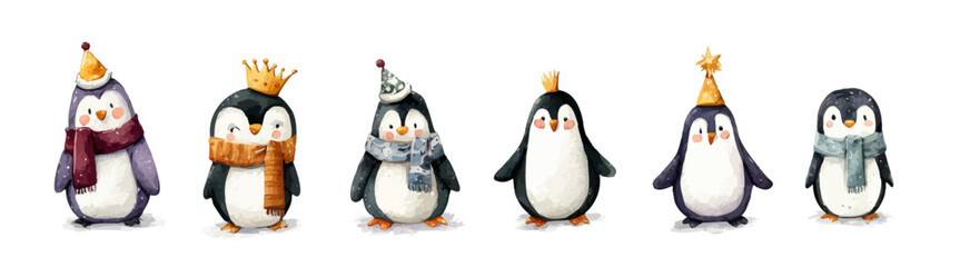Cute penguins in party hats and scarves. Winter holiday cartoon birds in watercolor style. Festive clipart set for kids and cards. Collection of Vector illustrations. Perfect for invitation, card, pos