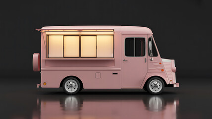 Pink vintage food truck with illuminated windows retro