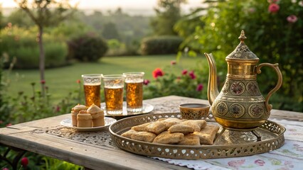 Fototapeta premium Indulging in sweet briouats and traditional Moroccan tea under a serene sunset sky