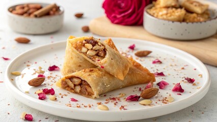 Savoring briouats filled with a delightful blend of nuts and rosewater essence at a charming dessert table