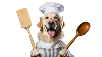 Joyful Golden Retriever chef with cooking utensils ready to whip up culinary magic