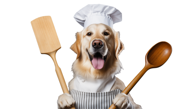 Joyful Golden Retriever chef with cooking utensils ready to whip up culinary magic