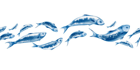 Sardine fish in horizontal template swimming in a shoal stylized watercolor illustration for fish restaurants, websites, posters, fish markets and stores