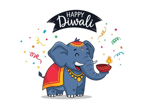 Cute Cartoon Elephant Holding Diya Lamp with Happy Diwali Greeting, Festive Illustration with Confetti and Celebration Theme