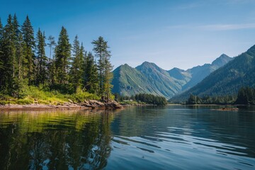 Fototapeta premium Serene coastal scene; mountains reflect in calm water