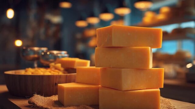 A stack of yellow cheese blocks piled on a counter in a warmly lit cheese shop.