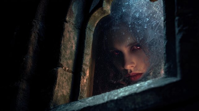 Haunting Gaze of a Vampire with Crimson Eyes Through a Cobwebbed Stone Window