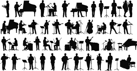 Silhouettes of musicians playing various instruments including piano, guitar, trumpet, violin, cello, drums, and singing in live performance and rehearsal setting