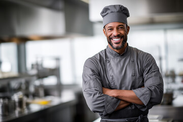 Portrait of confident chef in uniform standing in modern restaurant kitchen, 