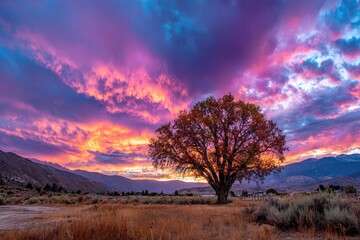 Obraz premium Vibrant sunset paints the sky with fiery hues, casting a glow on a solitary autumn tree in a valley