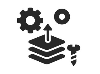 Various construction and engineering symbols representing tools, components, and assembly processes in a modern workspace