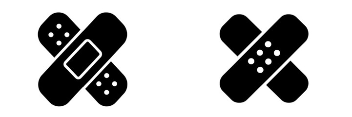 Simple black icons of adhesive bandages representing healthcare and injury treatment on a white background