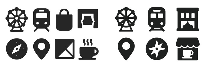 Icons representing transportation, navigation, and leisure activities in a modern design suitable for digital applications