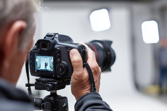 Photographer setting up camera to shoot product for advertisement, 