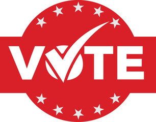 Red circular vote logo design with check mark and stars, modern political election badge vector illustration for democracy campaign, voting rights awareness and election day promotion