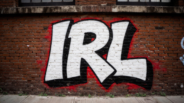 IRL painted in bold graffiti on red brick wall with strong shadows