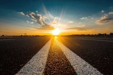 Sunset over a long, straight road