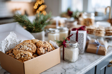 Box of holiday treats and gifts opened on kitchen counter, 