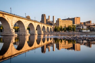 Fototapeta premium Stone arch bridge reflecting in calm river water at sunrise, city skyline in background