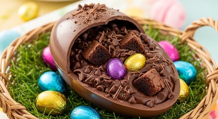 A large chocolate Easter egg, filled with mini brownies and chocolate chips, nestled in a decorative basket with colorful foil-wrapped eggs.