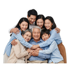 Happy asian family hugging together celebrating generations togetherness and love transparent background