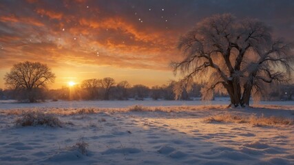Majestic sunset over a snow-covered field with frosted trees, creating a serene winter landscape