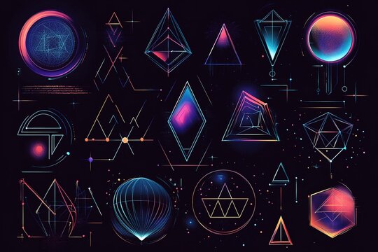 Set of Abstract geometric shapes trending futuristic line design elements, infographic shapes. Modern trendy retro futurism digital vaporwave.