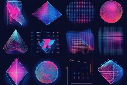 Set of Abstract geometric shapes trending futuristic line design elements, infographic shapes. Modern trendy retro futurism digital vaporwave.