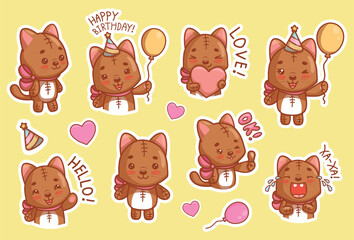 Cute set of kawaii brown cat stickers, funny animals vector illustrations