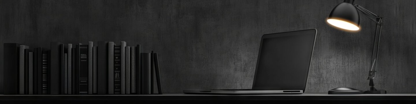 Modern workspace setup with a laptop, desk lamp, and books against a dark textured wall