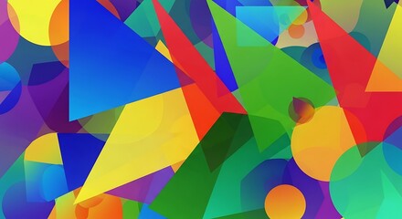 Obraz premium A vibrant abstract design composed of overlapping geometric shapes in a spectrum of bright colors.