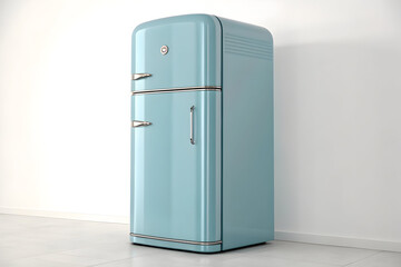 Retro refrigerator in a minimalist kitchen setting on transparent background