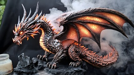 Fototapeta premium Majestic Dragon Sculpture with Glowing Eyes and Smoke Effect