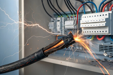 Electrical cable sparking due to short circuit failure on transparent background