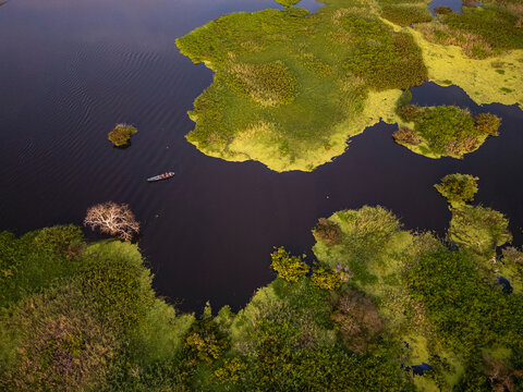 Beautiful aerial view to flooded forest and river lake in Mamirau&aacute;