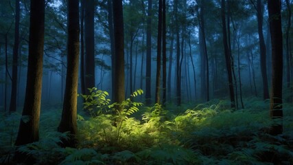 Fototapeta premium Enchanted forest scene with misty ambiance, illuminated foliage, and towering trees creating a serene atmosphere