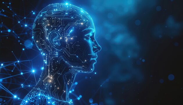 A futuristic digital representation of a human head composed of glowing blue neural networks and data points.