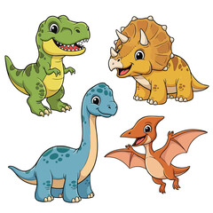 A cute collection of four colorful cartoon baby dinosaurs including a TRex Triceratops Brachiosaurus and Pterodactyl.